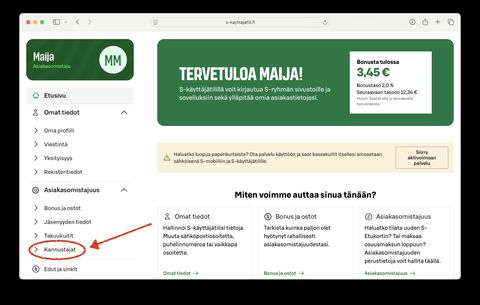 Kuvaohje vaihe 2. Avaa sivuvalikosta "Asiakasomistajuus"-osiosta kohta "Kannustaja".