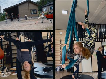 Top left, dodgeball outside in beautiful summer weather. Bottom left, split move upside down on aerial silks. Right, reverse arrow trick on hammock.