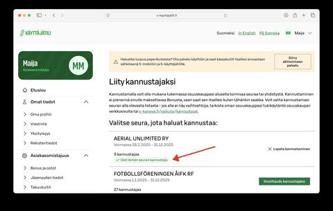 Kuvaohje vaihe 4. Yhdistyksemme näkyy nyt listallasi ylimpänä ja sen kohdalla lukee "Olet tämän seuran kannustaja".