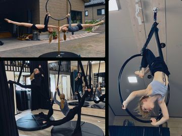 Top left, duo Russian split on lyra. Bottom left, split movements on aerial silks. Right, backbend movement on aerial hoop.