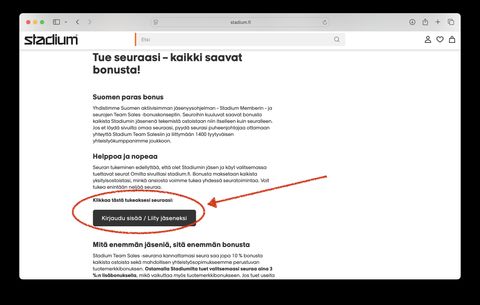 Kuvaohje vaihe 1. Kirjaudu Stadiumin seuratukijärjestelmään tai liity sen jäseneksi sivun kirjautumispainikkeen kautta.