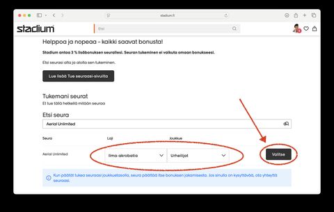 Kuvaohje vaihe 3. Valitse yhdistyksemme riviltä lajiksi "Ilma-akrobatia" sekä joukkueeksi "Urheilijat" ja klikkaa "Valitse"-painiketta.