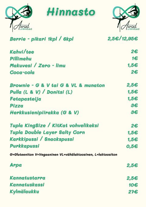 Competition café price list (in Finnish): drinks, savoury and sweet items, and supporter products with prices