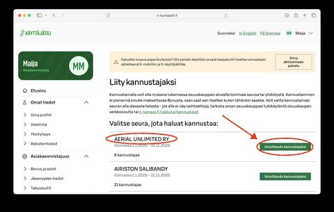 Kuvaohje vaihe 3. Etsi avautuvalta listalta AERIAL UNLIMITED RY ja valitse "Ilmoittaudu kannustajaksi".